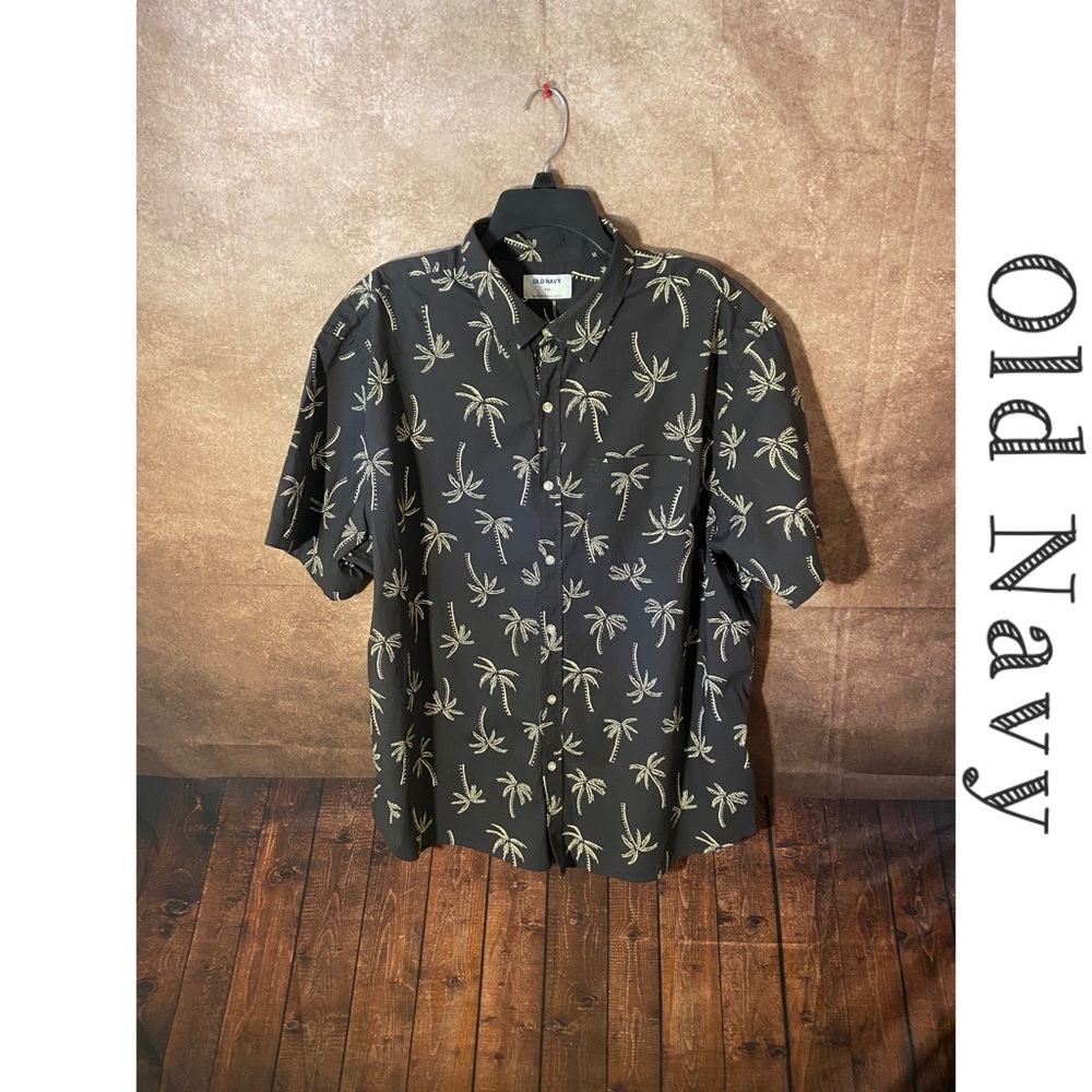 Old Navy palm tree hawaiian button down-dark grey/cream-Mens size XXL-EUC